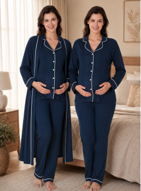 Effortt 8098 Lacivert Uzun Kol Düğmeli Pamuklu Sabahlıklı Hamile Lohusa Pijama Takımı